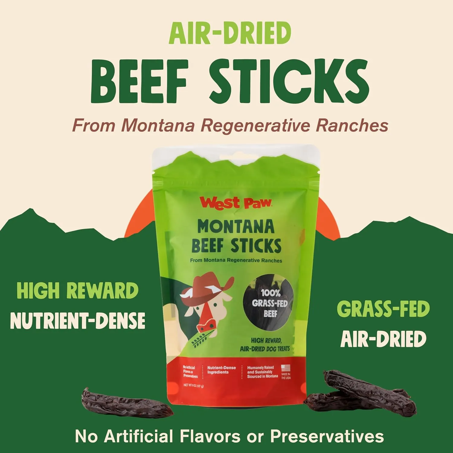 WEST PAW Montana Beef Sticks – Air-Dried Dog Treats for Small, Medium & Large Dogs – Healthy, All-Natural, Sustainably Sourced 100% Grass-Fed Beef - Made in USA