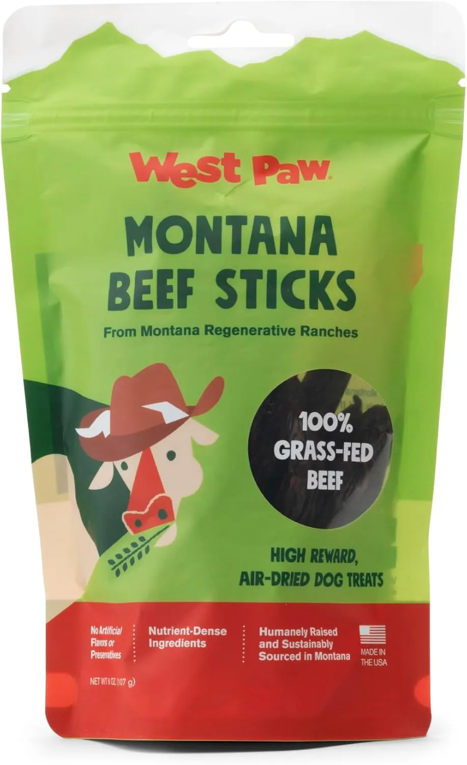 WEST PAW Montana Beef Sticks – Air-Dried Dog Treats for Small, Medium & Large Dogs – Healthy, All-Natural, Sustainably Sourced 100% Grass-Fed Beef - Made in USA