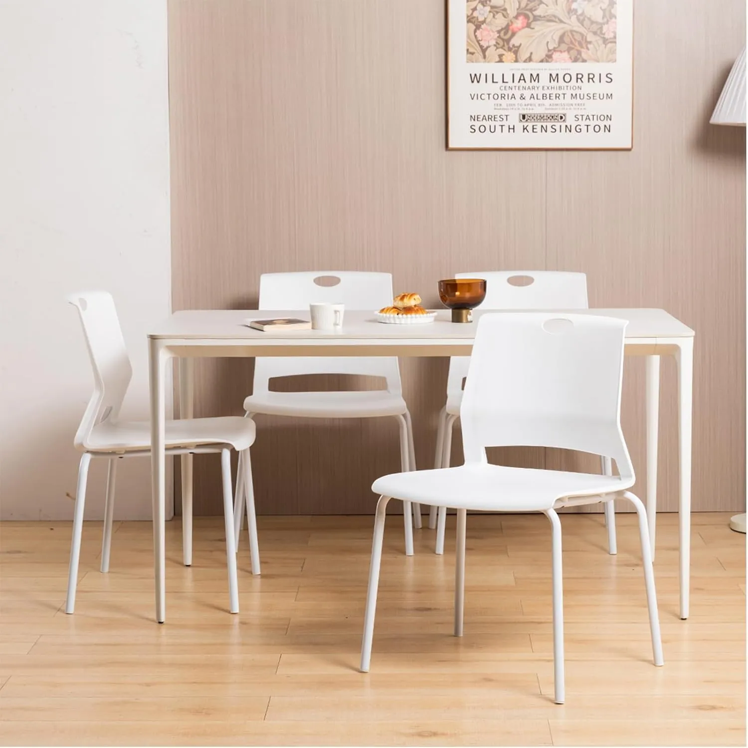 White Stackable Chairs Set of 4, Modern Office Guest Chair Wide Seat, Stackable Dining Chairs, Plastic Chair for Conference Room, Living Room, Waiting Area, Classroom.