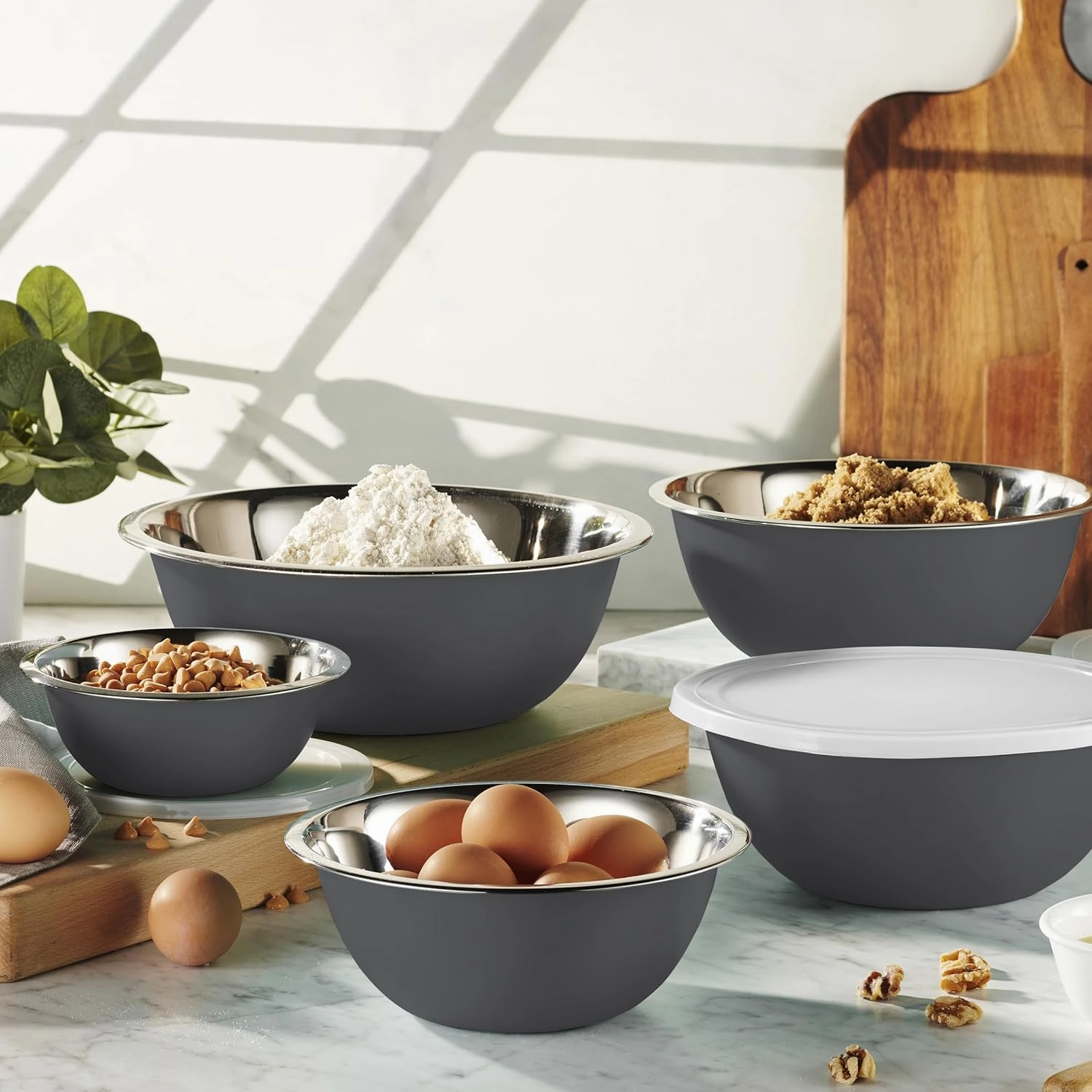 WHYSKO Stainless Steel Mixing Bowl Set, 10 Piece Stainless Steel Mixing Bowls with Lids Set for Food Prep Storage and Serving, Dishwasher Safe Microwave Safe for Kitchen Baking Cooking, Grey