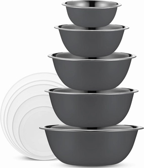 WHYSKO Stainless Steel Mixing Bowl Set, 10 Piece Stainless Steel Mixing Bowls with Lids Set for Food Prep Storage and Serving, Dishwasher Safe Microwave Safe for Kitchen Baking Cooking, Grey