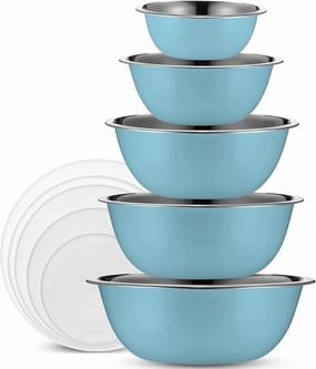 WHYSKO Stainless Steel Mixing Bowl Set, 10 Piece Stainless Steel Mixing Bowls with Lids Set for Food Prep Storage and Serving, Dishwasher Safe Microwave Safe for Kitchen Baking Cooking, Light Blue