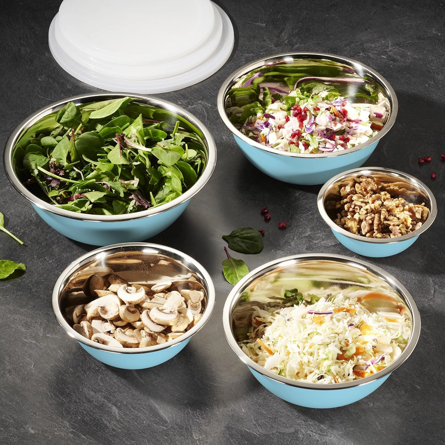 WHYSKO Stainless Steel Mixing Bowl Set, 10 Piece Stainless Steel Mixing Bowls with Lids Set for Food Prep Storage and Serving, Dishwasher Safe Microwave Safe for Kitchen Baking Cooking, Light Blue