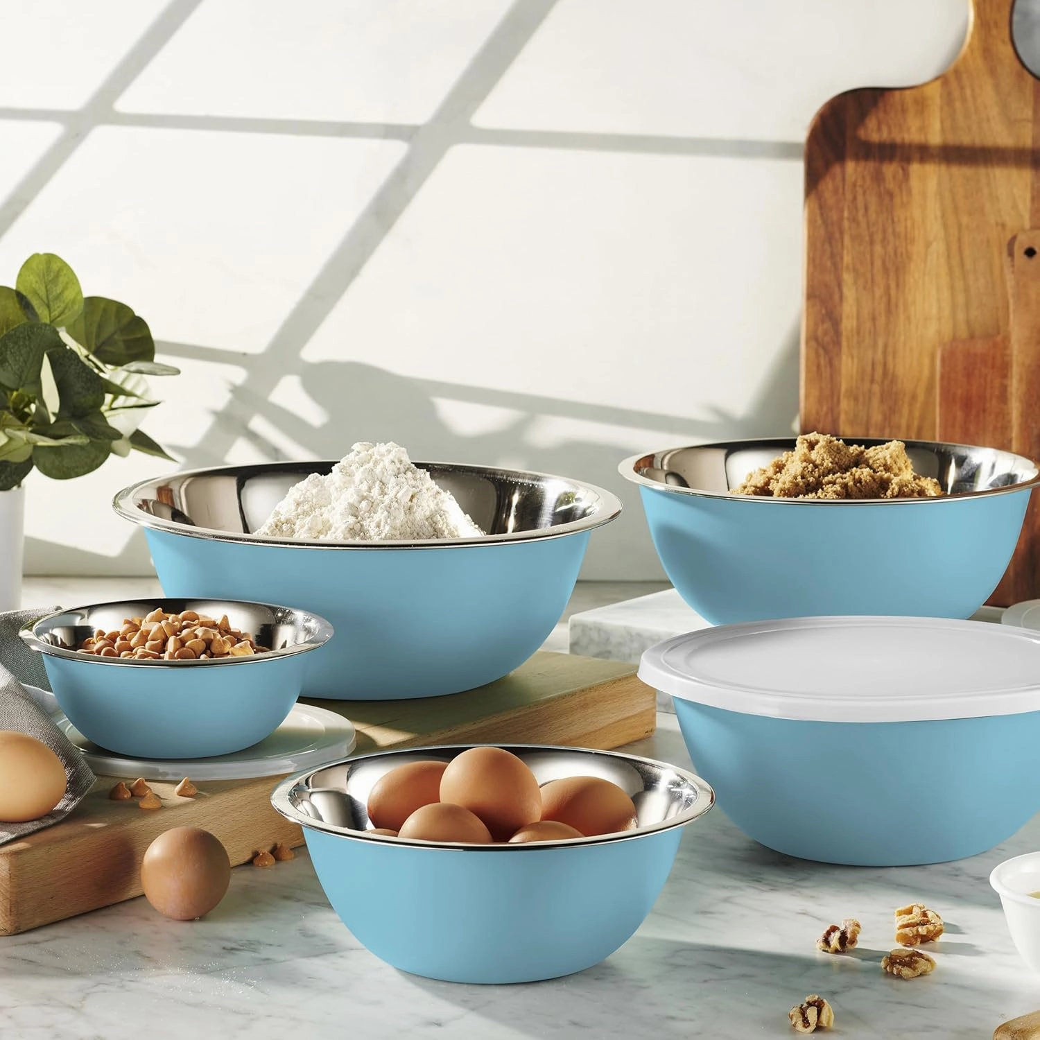 WHYSKO Stainless Steel Mixing Bowl Set, 10 Piece Stainless Steel Mixing Bowls with Lids Set for Food Prep Storage and Serving, Dishwasher Safe Microwave Safe for Kitchen Baking Cooking, Light Blue