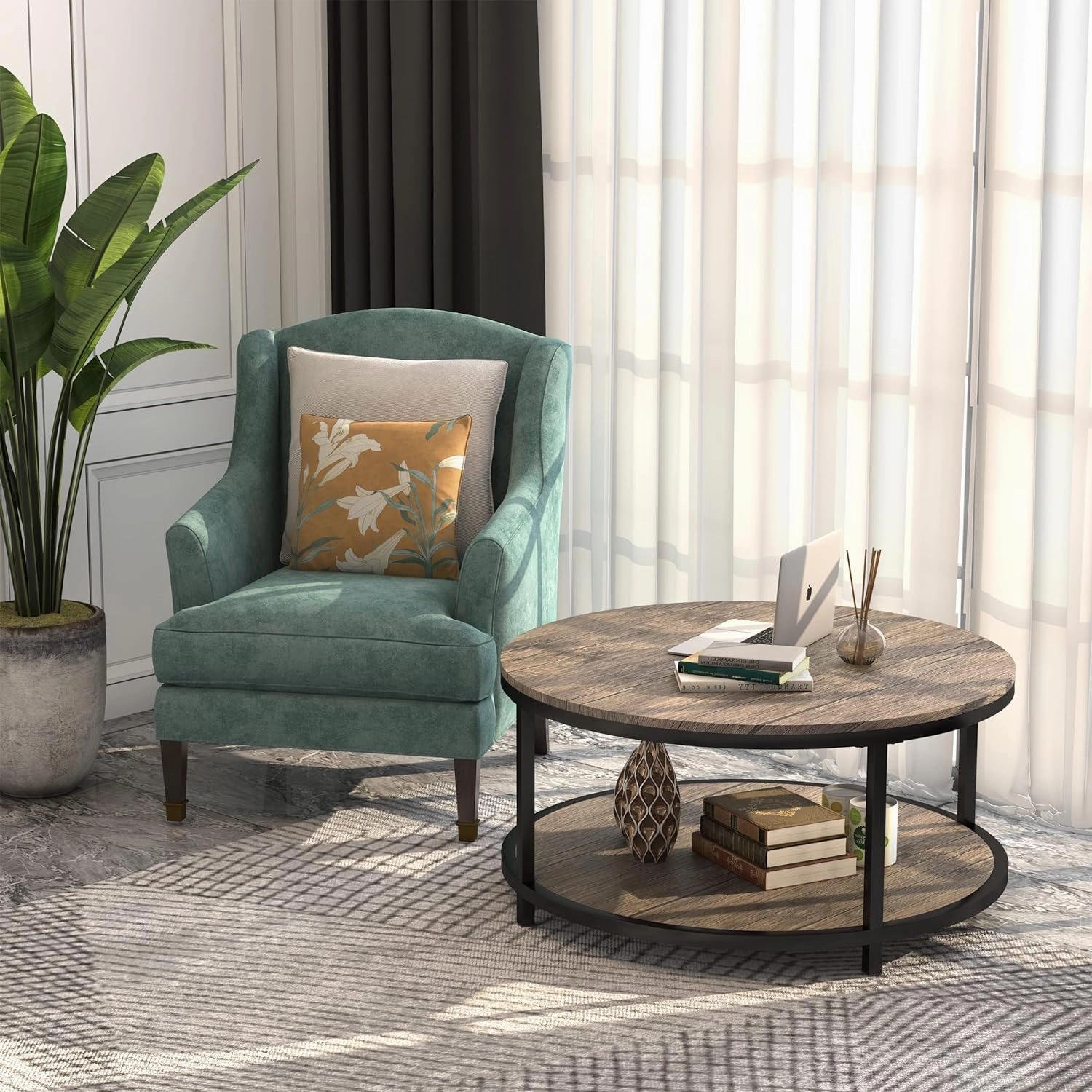 WiberWi Round Coffee Table 35.8" Circle Coffee Tables for Living Room Rustic Industrial Cocktail Table with Sturdy Metal Frame and Open Storage Shelf, Easy Assembly, Gray Brown