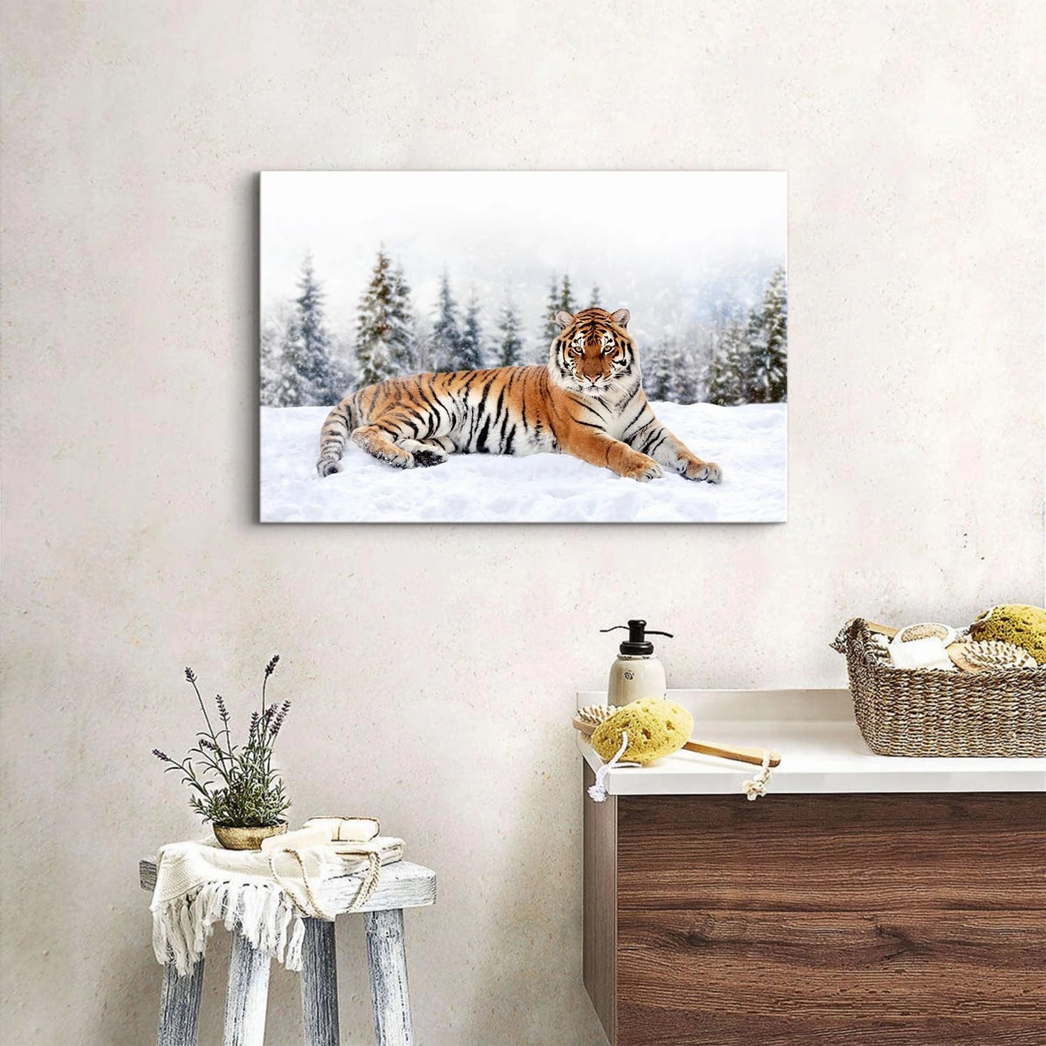 Wild Animals Canvas Wall Art Tigers Photography Posters Office White Snow Landscape Decor Wilderness Pictures Misty Pine Trees Panorama Artwork for Living Room Bedroom Modern Home Decorations 16x24"