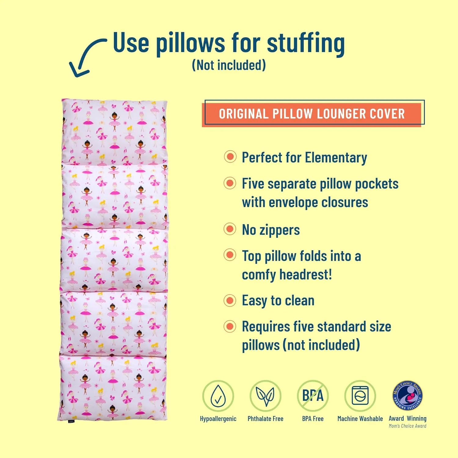 Wildkin Kids Floor Lounger – Pillow Lounger, Travel-Friendly, Ideal for Sleepovers, Fits Standard Pillows - Ballerina