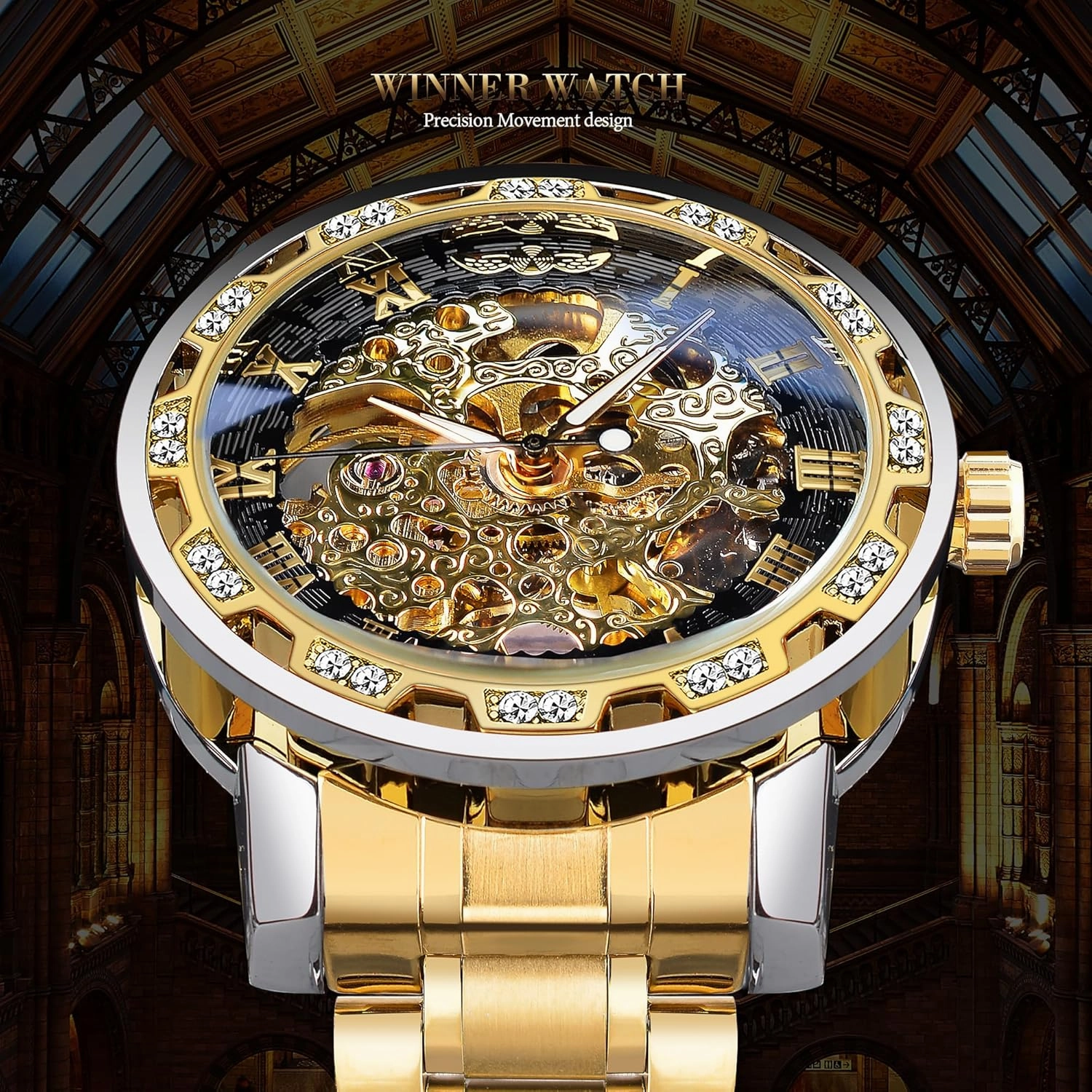 Winner Retro Manual Mechanical Skeleton Watch with Diamond and Carving Flower Craft Men Skeleton Wrist Watch Mechanical Classic Roman Number
