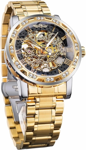 Winner Retro Manual Mechanical Skeleton Watch with Diamond and Carving Flower Craft Men Skeleton Wrist Watch Mechanical Classic Roman Number