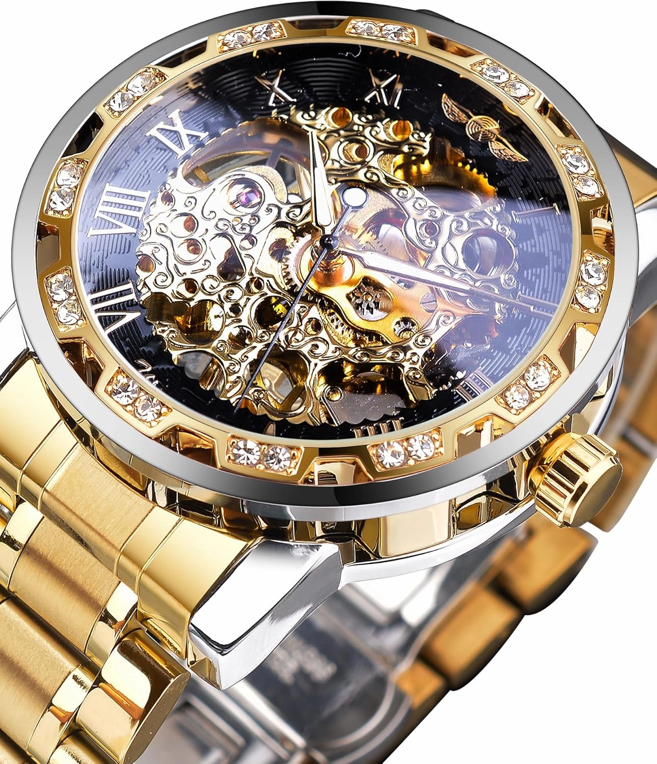 Winner Retro Manual Mechanical Skeleton Watch with Diamond and Carving Flower Craft Men Skeleton Wrist Watch Mechanical Classic Roman Number