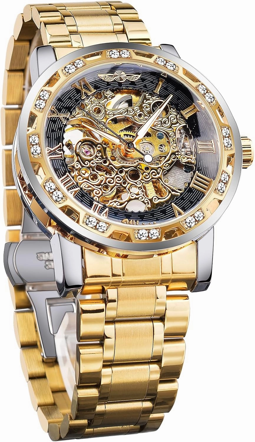 Winner Retro Manual Mechanical Skeleton Watch with Diamond and Carving Flower Craft Men Skeleton Wrist Watch Mechanical Classic Roman Number