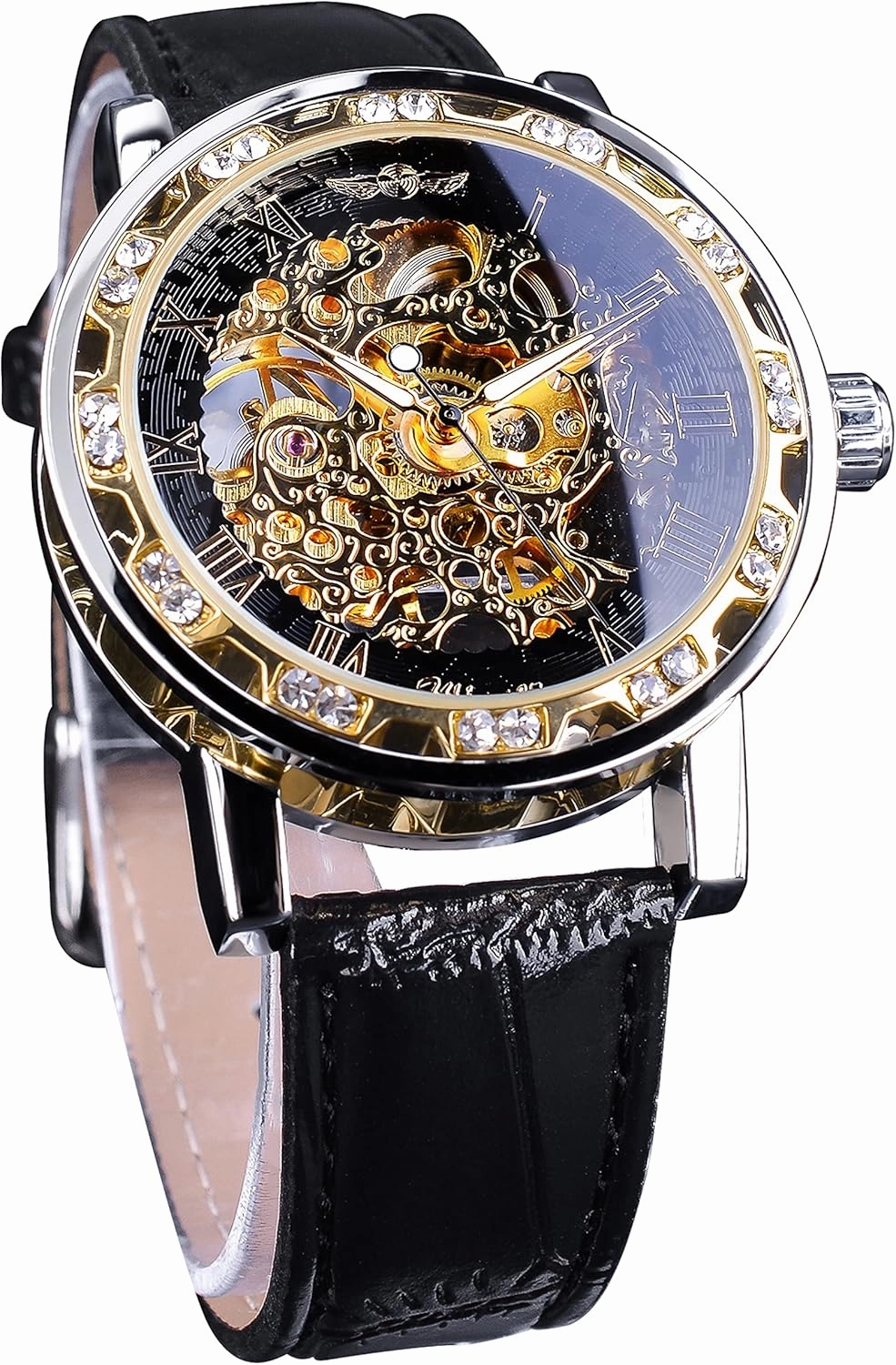 Winner Retro Manual Mechanical Skeleton Watch with Diamond and Carving Flower Craft Men Skeleton Wrist Watch Mechanical Classic Roman Number