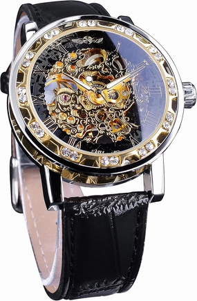 Winner Retro Manual Mechanical Skeleton Watch with Diamond and Carving Flower Craft Men Skeleton Wrist Watch Mechanical Classic Roman Number
