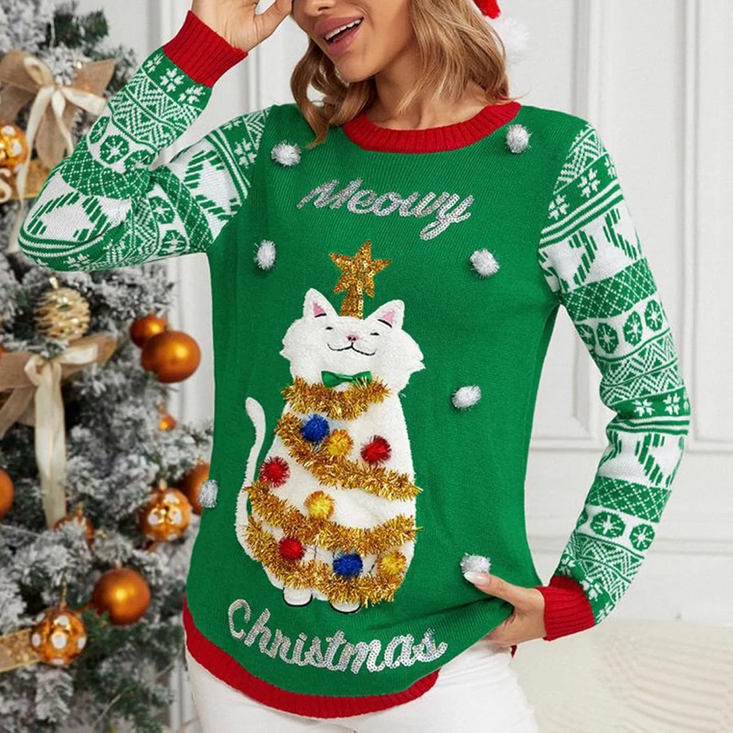 Women Ugly Christmas Sweaters 2023 Funny Cat Embroidered Pullover Casual Loose Fit Long Sleeve Crew Neck Kintwear