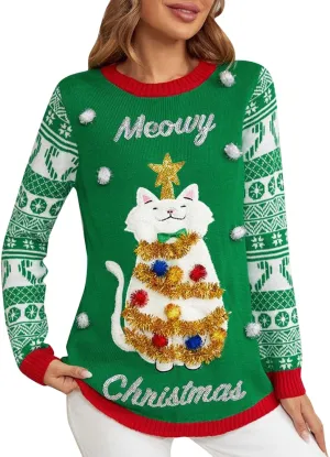 Women Ugly Christmas Sweaters 2023 Funny Cat Embroidered Pullover Casual Loose Fit Long Sleeve Crew Neck Kintwear