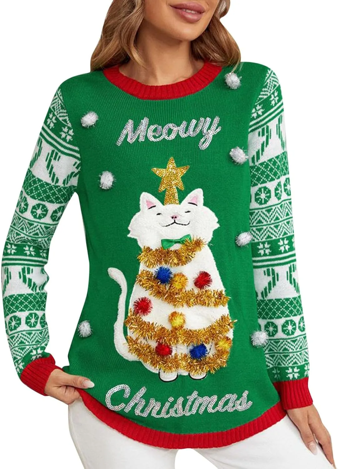 Women Ugly Christmas Sweaters 2023 Funny Cat Embroidered Pullover Casual Loose Fit Long Sleeve Crew Neck Kintwear