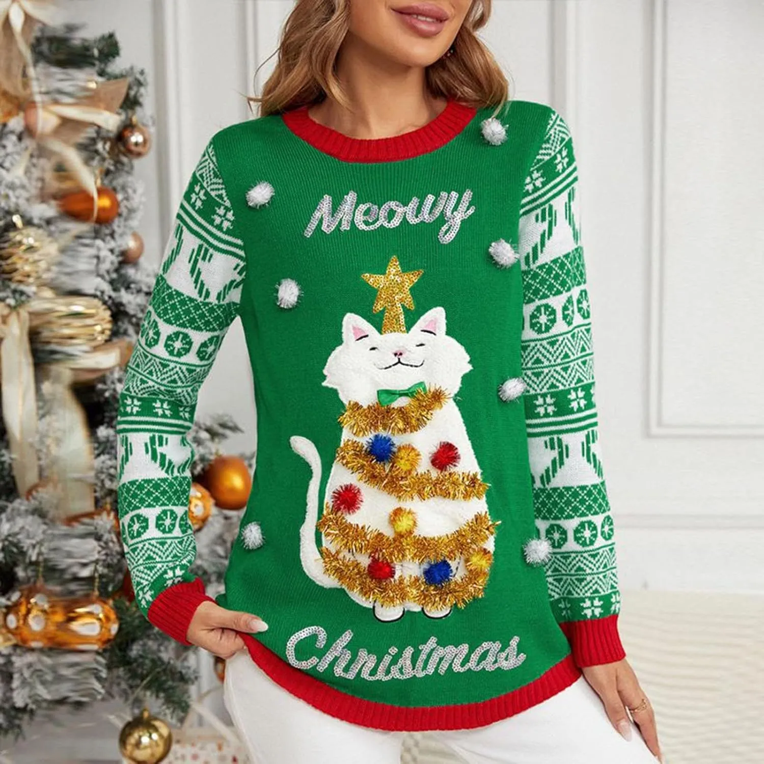 Women Ugly Christmas Sweaters 2023 Funny Cat Embroidered Pullover Casual Loose Fit Long Sleeve Crew Neck Kintwear