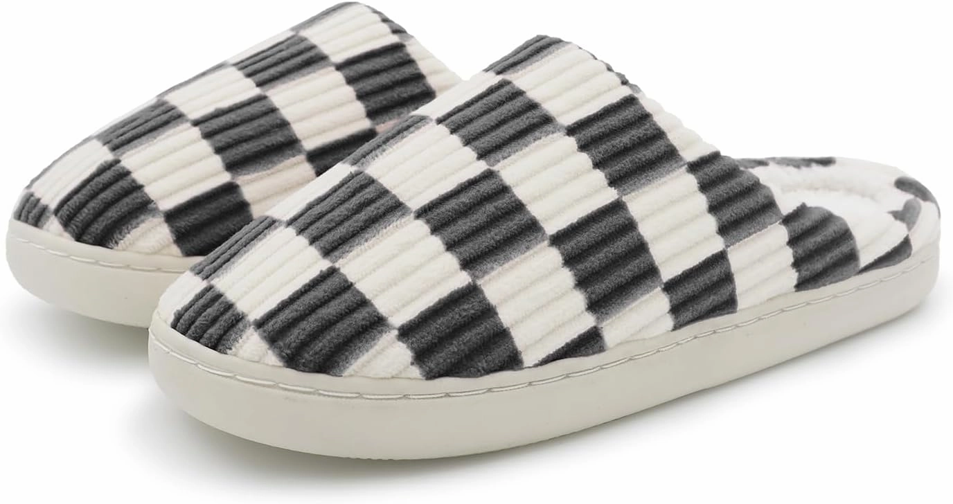 Women Home Fuzzy Slippers - Memory Foam Checkered Plaid Scuff Non-Slip Indoor Outdoor Comfortable Casual Soft Slides