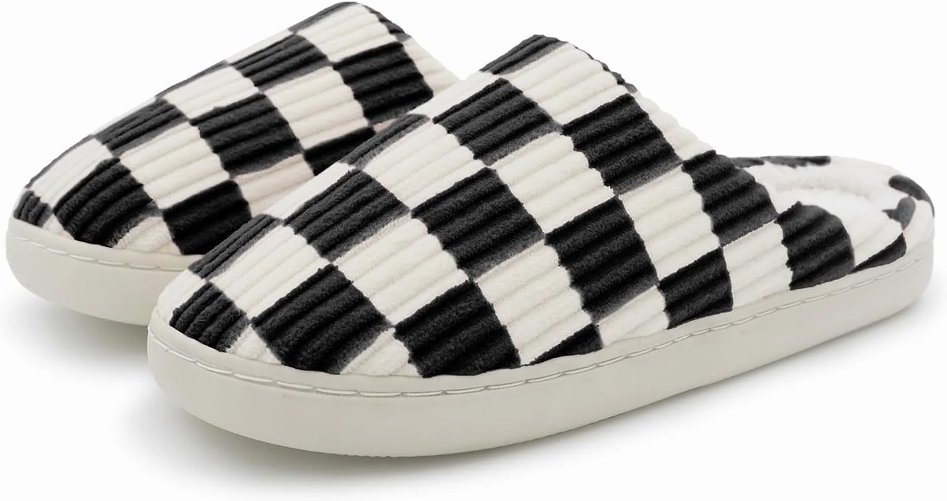 Women Home Fuzzy Slippers - Memory Foam Checkered Plaid Scuff Non-Slip Indoor Outdoor Comfortable Casual Soft Slides