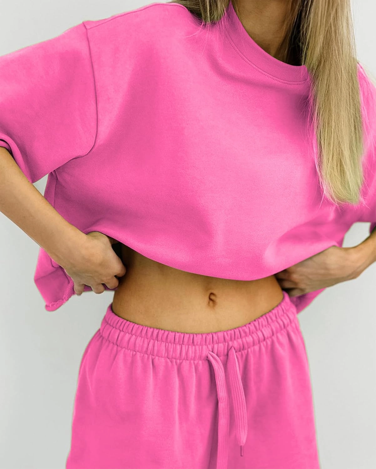 Women's 2 Piece Outfits Lounge Sets Crew Neck Short Sleeve Pullover Tops High Waisted Shorts Tracksuits