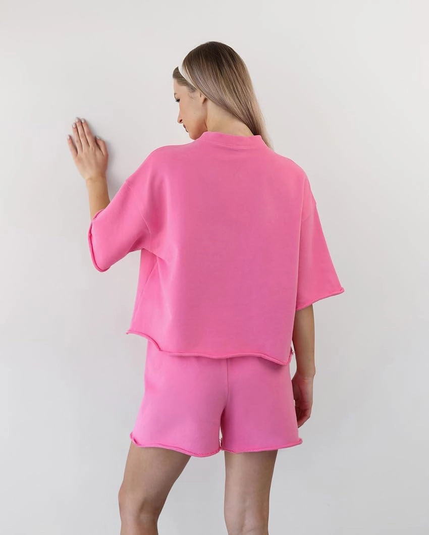 Women's 2 Piece Outfits Lounge Sets Crew Neck Short Sleeve Pullover Tops High Waisted Shorts Tracksuits