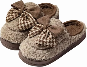 Women's Houndstooth Bowknot Plush Slippers for Winter, Fuzzy Platform Home Shoes Indoor Outdoor