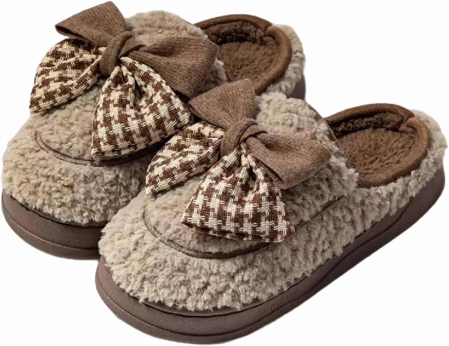 Women's Houndstooth Bowknot Plush Slippers for Winter, Fuzzy Platform Home Shoes Indoor Outdoor