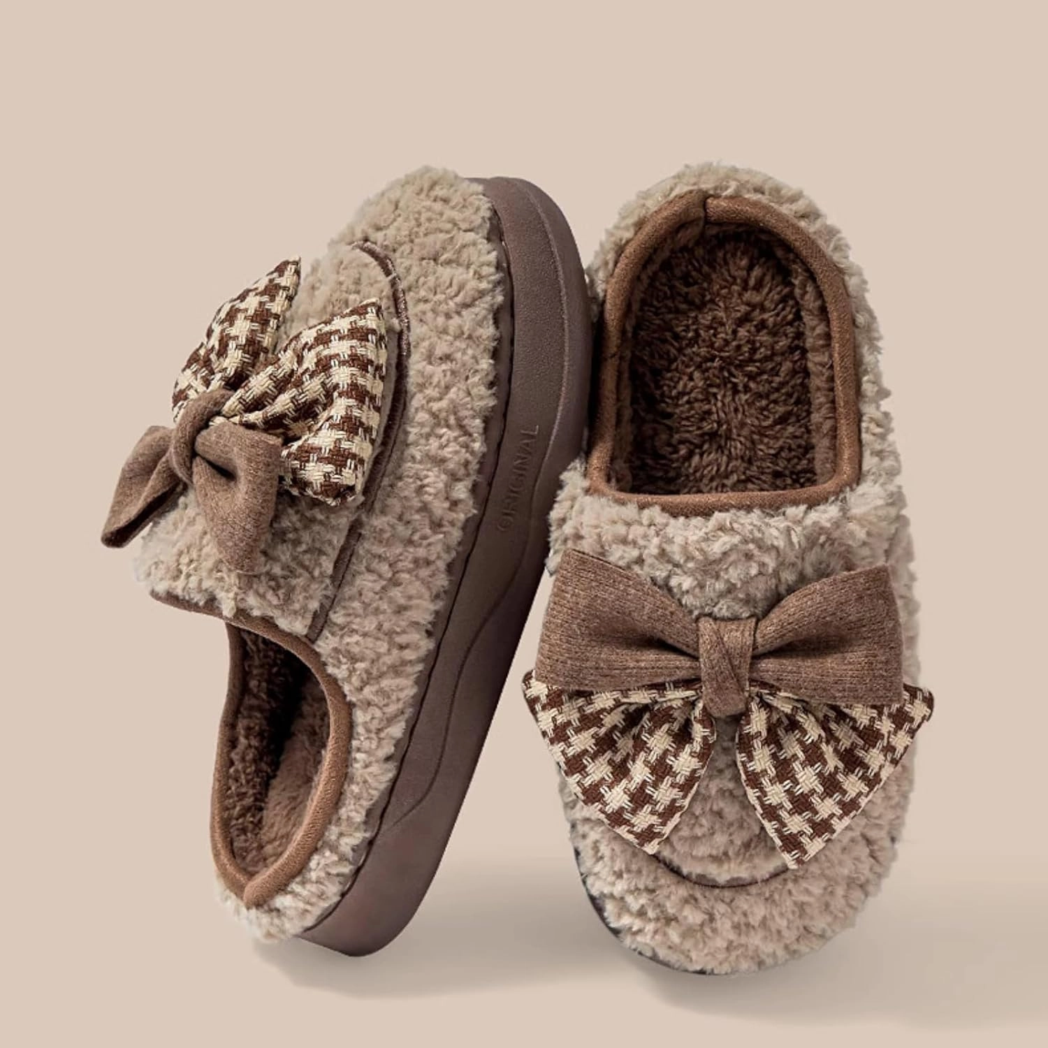 Women's Houndstooth Bowknot Plush Slippers for Winter, Fuzzy Platform Home Shoes Indoor Outdoor