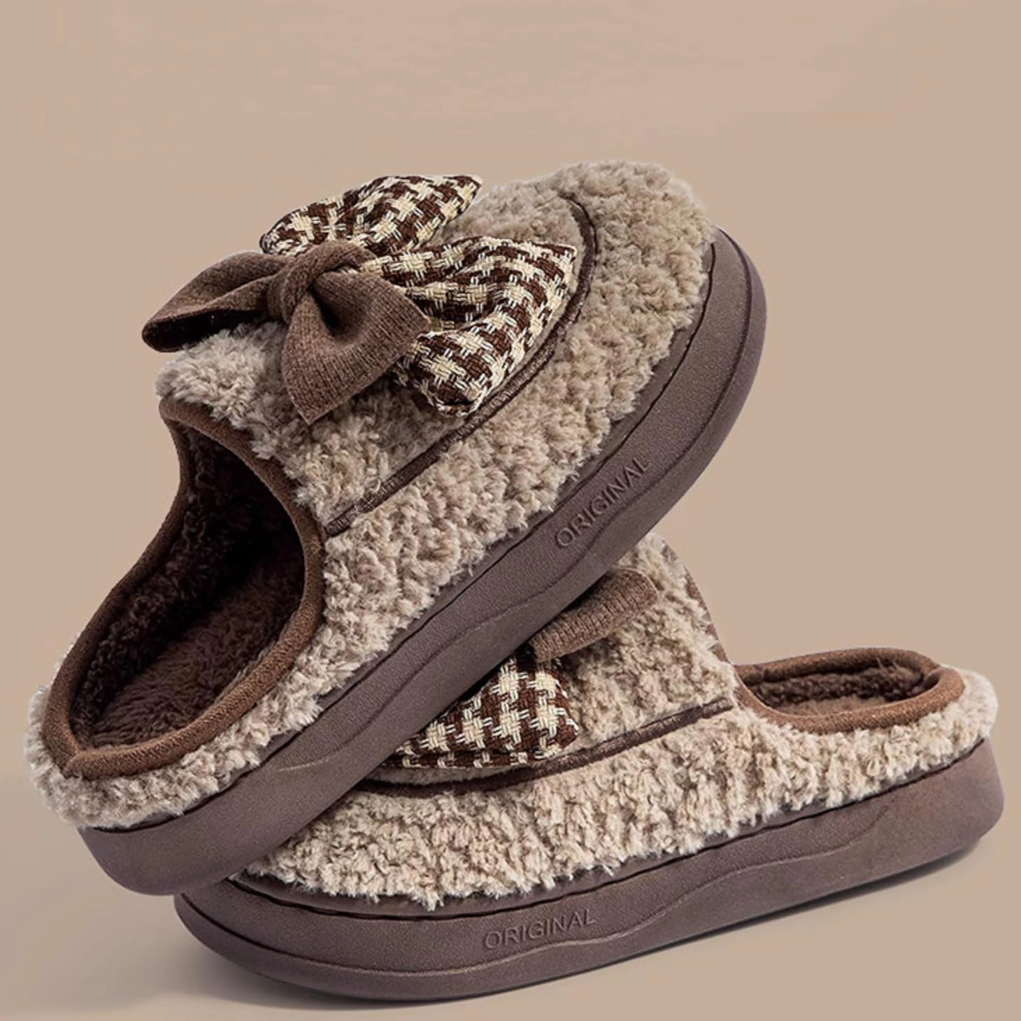Women's Houndstooth Bowknot Plush Slippers for Winter, Fuzzy Platform Home Shoes Indoor Outdoor