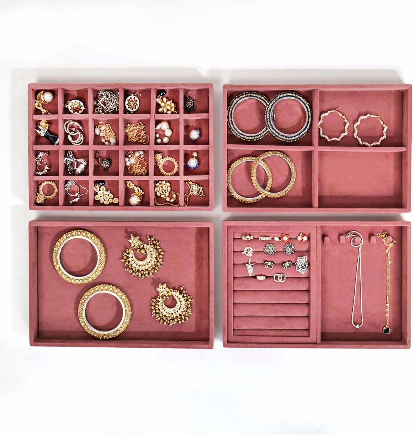 Women's Luxury Velvet with Wooden Base Soft Felt Inner Earring Necklace Rings Chain Jewellery Storage Organiser (Dark Pink) Set of 4