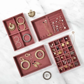 Women's Luxury Velvet with Wooden Base Soft Felt Inner Earring Necklace Rings Chain Jewellery Storage Organiser (Dark Pink) Set of 4