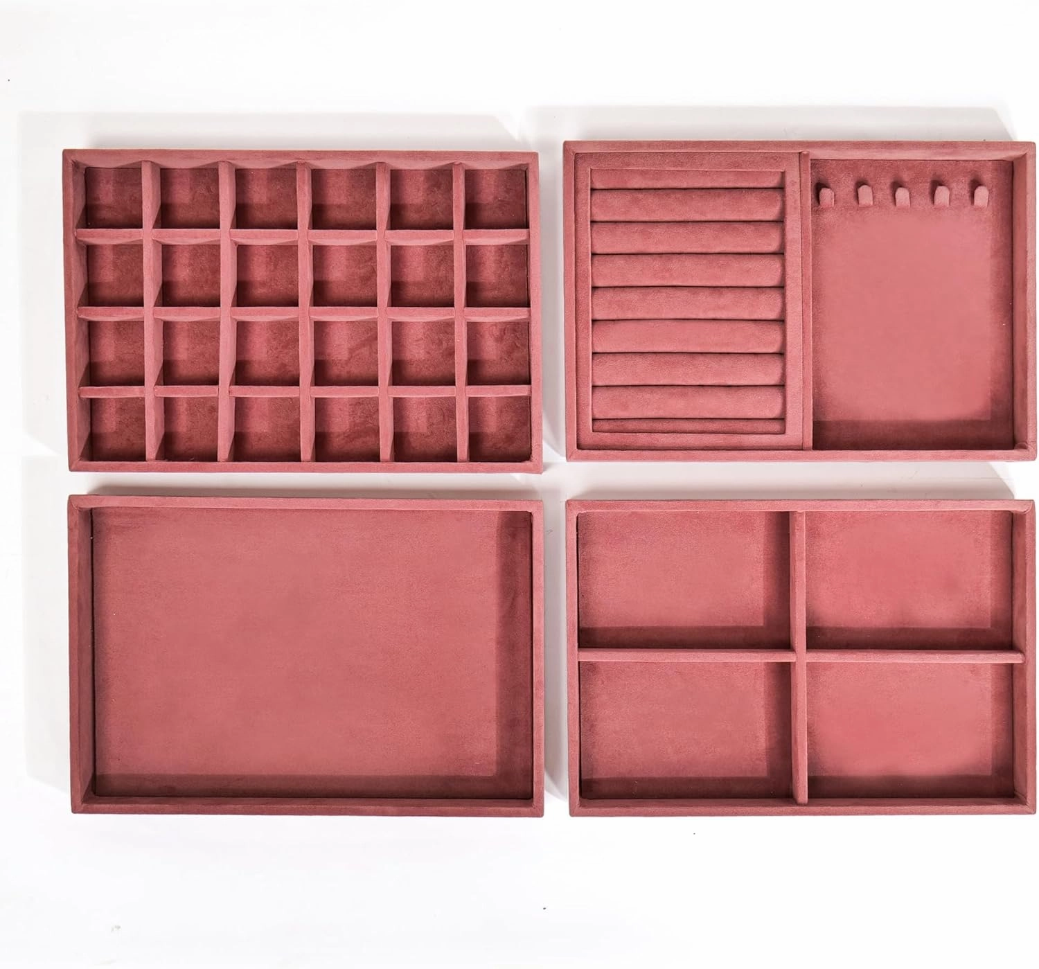 Women's Luxury Velvet with Wooden Base Soft Felt Inner Earring Necklace Rings Chain Jewellery Storage Organiser (Dark Pink) Set of 4