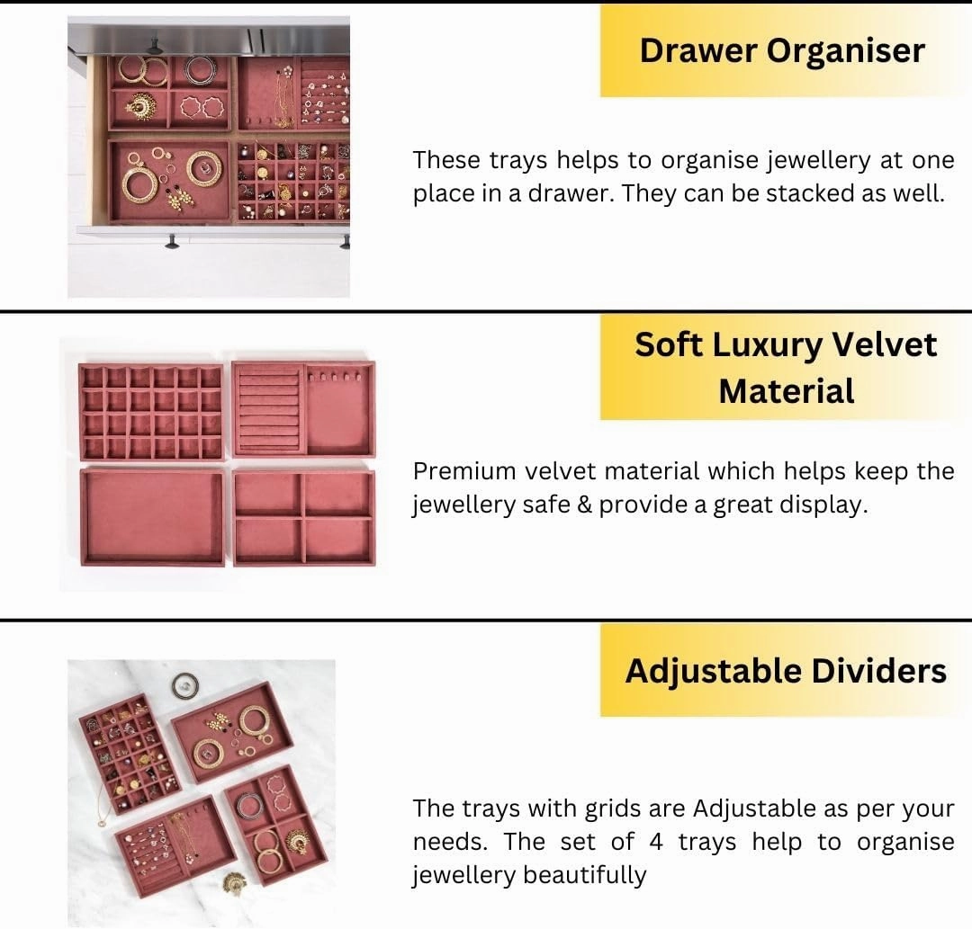 Women's Luxury Velvet with Wooden Base Soft Felt Inner Earring Necklace Rings Chain Jewellery Storage Organiser (Dark Pink) Set of 4