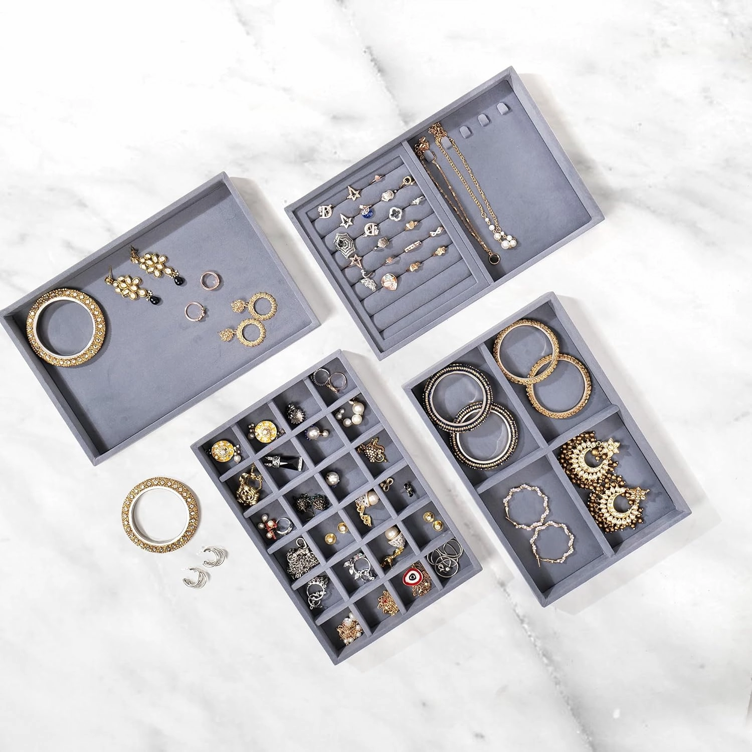 Women's Luxury Velvet with Wooden Base Soft Felt Interior Earring Necklace Rings Jewelry Storage Organizer (Grey) -Set of 4