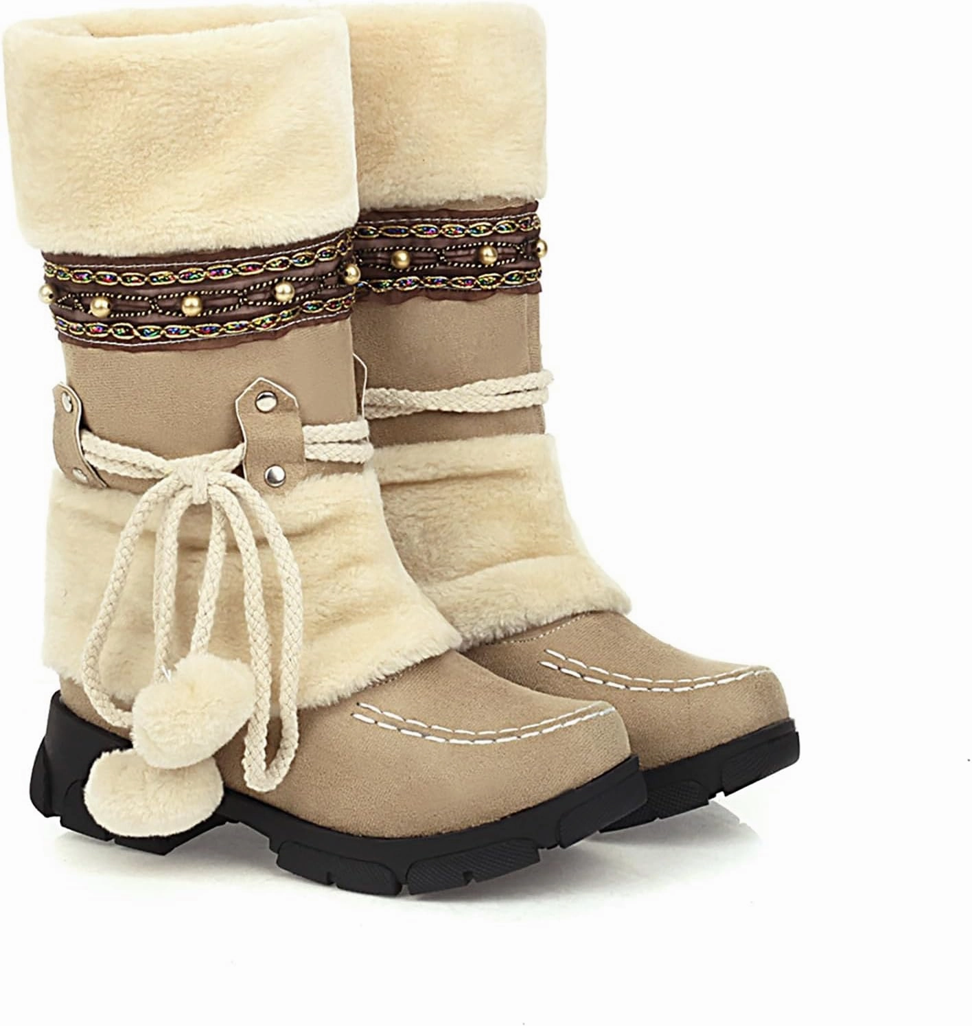 Women's Mid-Calf Slip On Winter Snow Boots, Classic Round Toe Suede Faux Fur Cozy Warm Comfortable Winter Booties Low Heel Hairball Flat Soled Shoes
