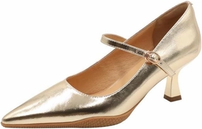 Women's Pointed Toe Genuine Leather Handmade Slip On Buckle Mid Chunky Heel Mary Janes Pumps Shoes