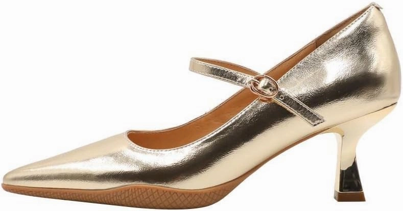 Women's Pointed Toe Genuine Leather Handmade Slip On Buckle Mid Chunky Heel Mary Janes Pumps Shoes