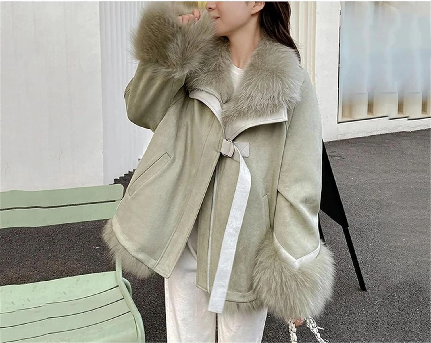 Women Suede Patchwork Plush Jacket Thick Warm Lapel Classic Zipper Belted Pockets Coats