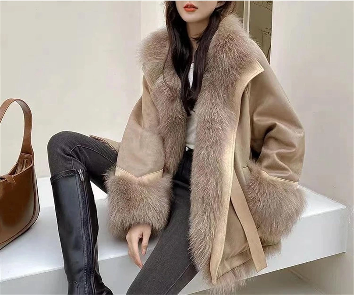 Women Suede Patchwork Plush Jacket Thick Warm Lapel Classic Zipper Belted Pockets Coats