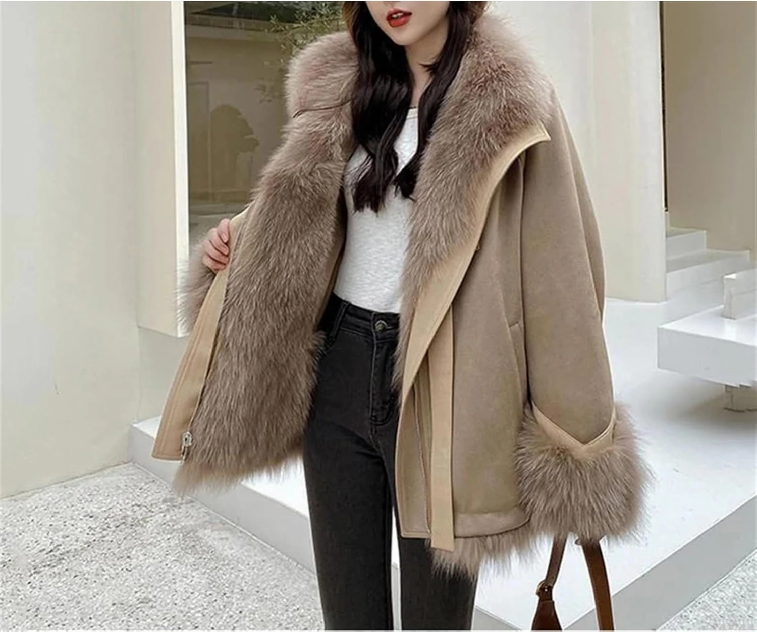 Women Suede Patchwork Plush Jacket Thick Warm Lapel Classic Zipper Belted Pockets Coats