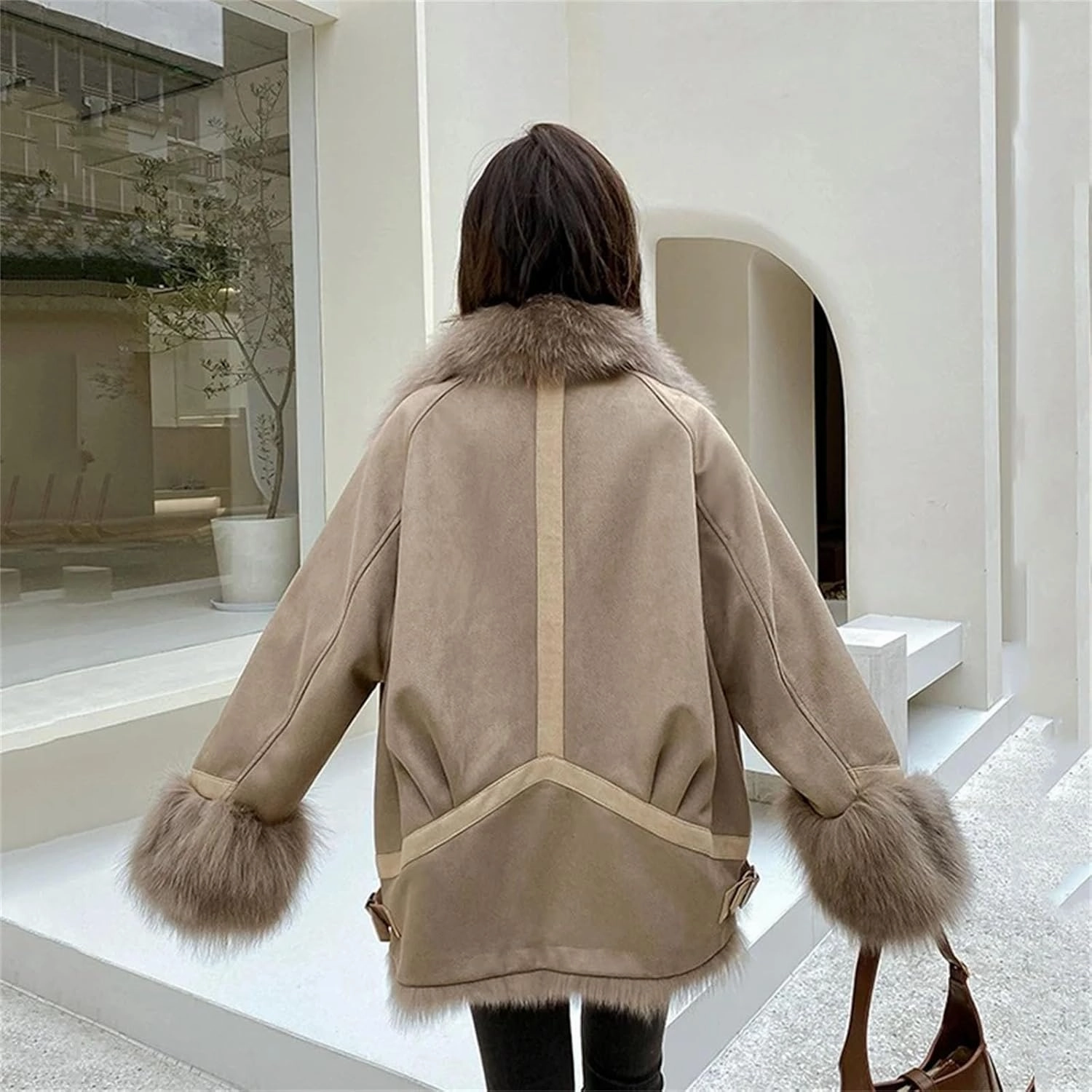 Women Suede Patchwork Plush Jacket Thick Warm Lapel Classic Zipper Belted Pockets Coats