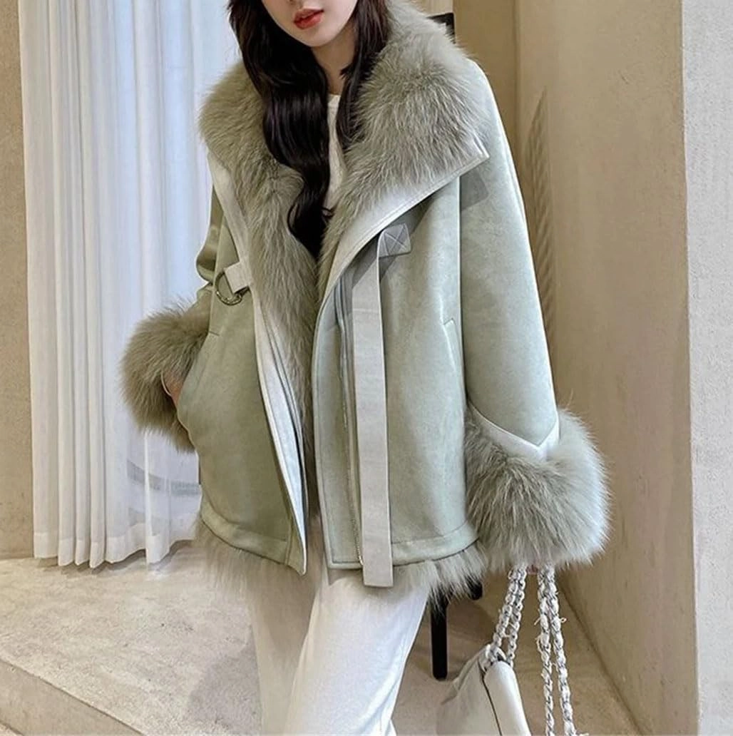 Women Suede Patchwork Plush Jacket Thick Warm Lapel Classic Zipper Belted Pockets Coats
