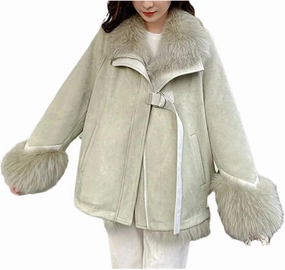 Women Suede Patchwork Plush Jacket Thick Warm Lapel Classic Zipper Belted Pockets Coats