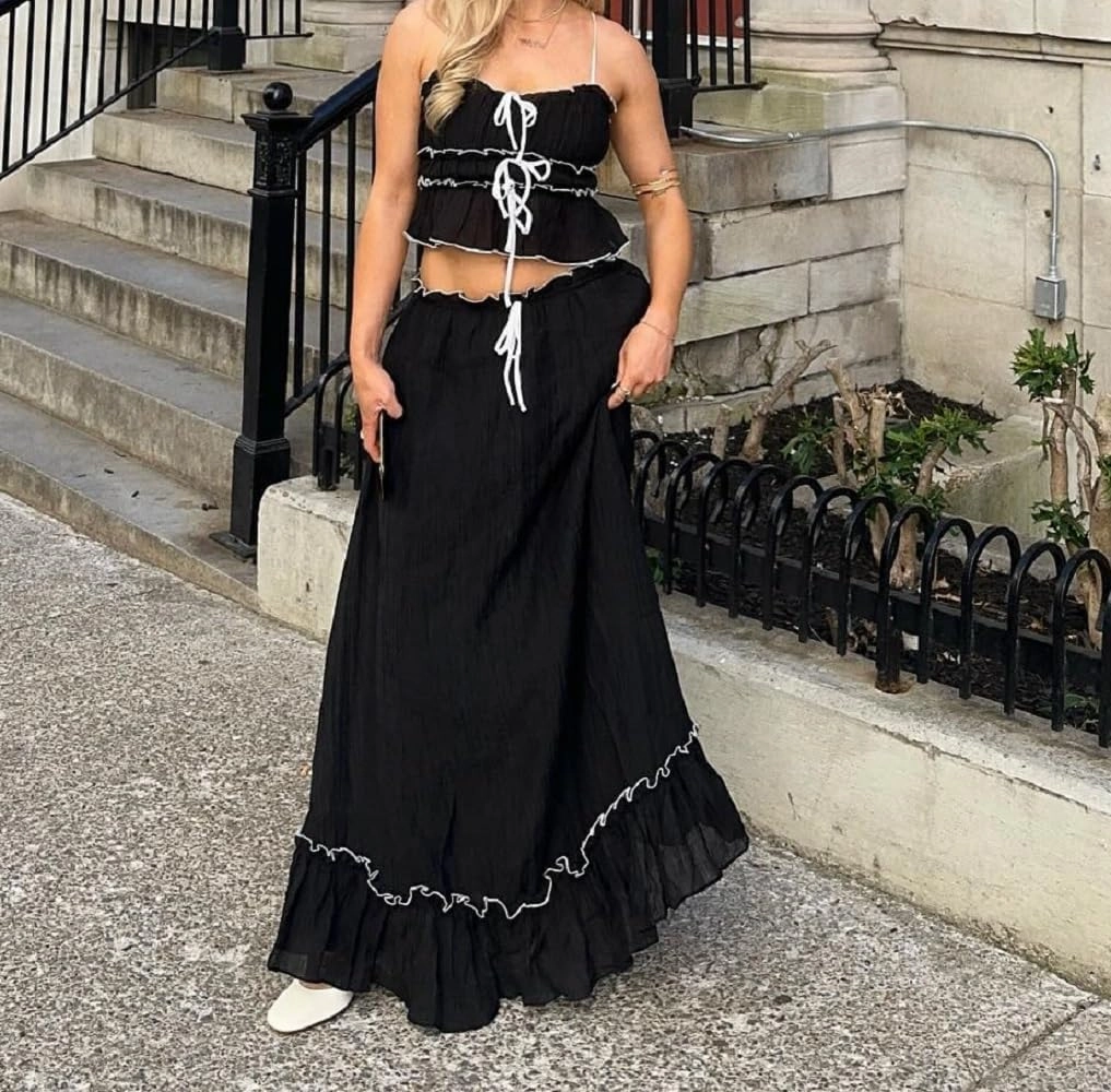 Women Y2k 2 Piece Maxi Skirt Set Sleeveless Ruffle Lace Crop Top Tiered Flowy Long Skirt Summer Beach Outfit
