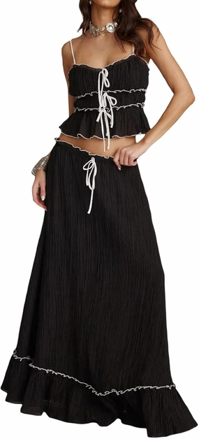 Women Y2k 2 Piece Maxi Skirt Set Sleeveless Ruffle Lace Crop Top Tiered Flowy Long Skirt Summer Beach Outfit