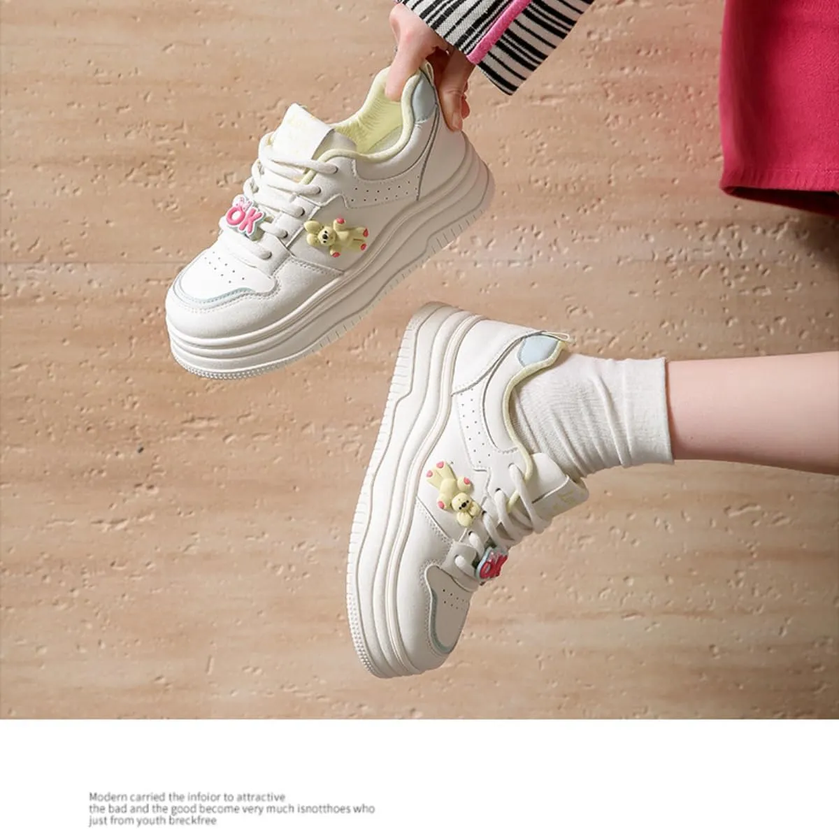Women's Chunky Platform Sneakers with Bunny Charm Preppy Sport White Thick Sole Walking Skate Shoes Lace Up for Girl