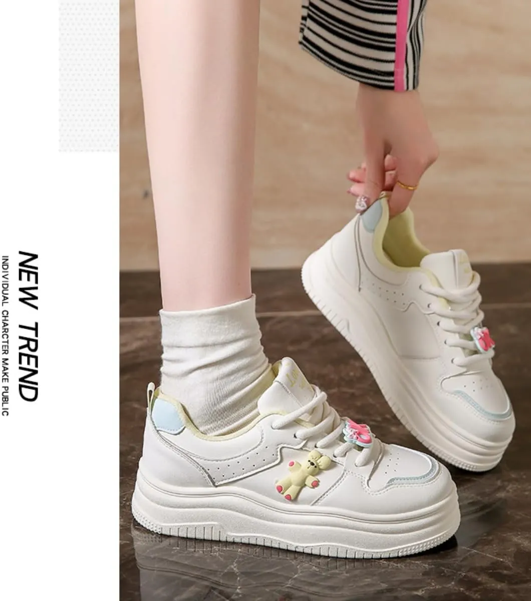 Women's Chunky Platform Sneakers with Bunny Charm Preppy Sport White Thick Sole Walking Skate Shoes Lace Up for Girl