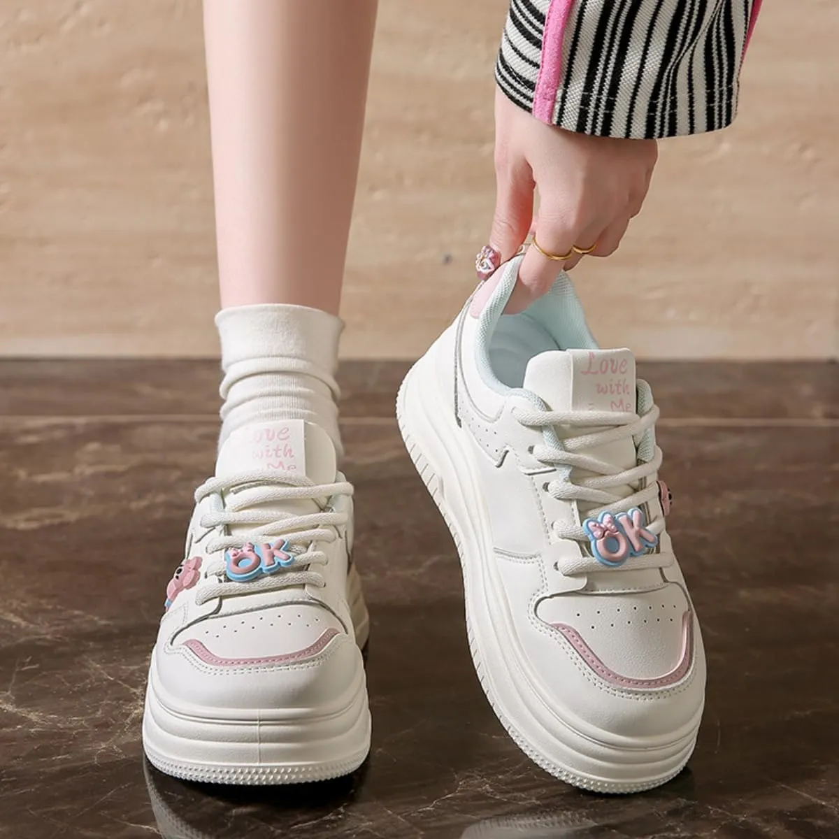 Women's Chunky Platform Sneakers with Bunny Charm Preppy Sport White Thick Sole Walking Skate Shoes Lace Up for Girl