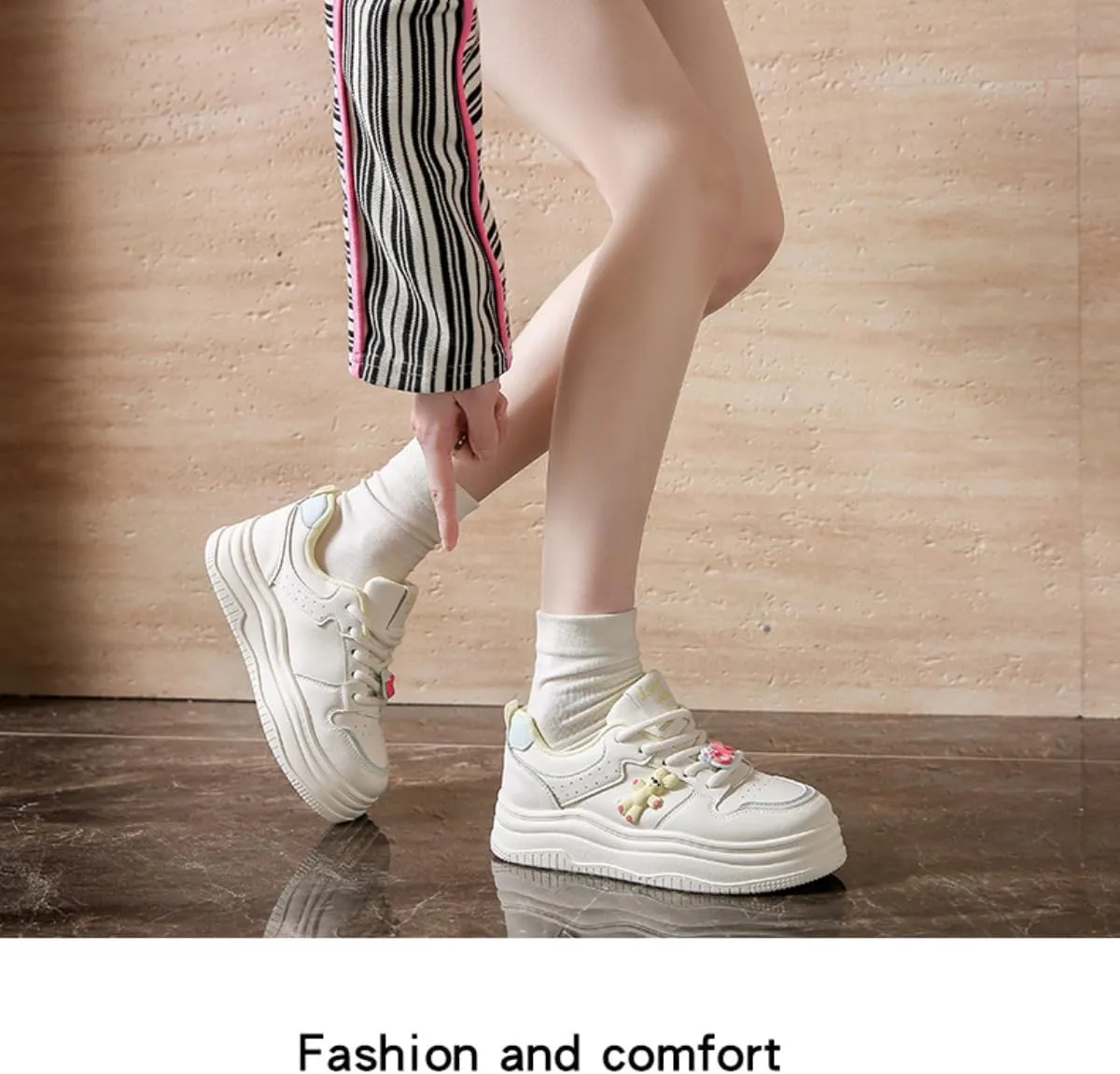 Women's Chunky Platform Sneakers with Bunny Charm Preppy Sport White Thick Sole Walking Skate Shoes Lace Up for Girl