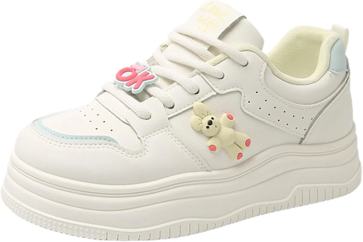 Women's Chunky Platform Sneakers with Bunny Charm Preppy Sport White Thick Sole Walking Skate Shoes Lace Up for Girl